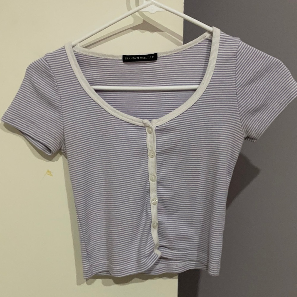 Purple and white striped button up top